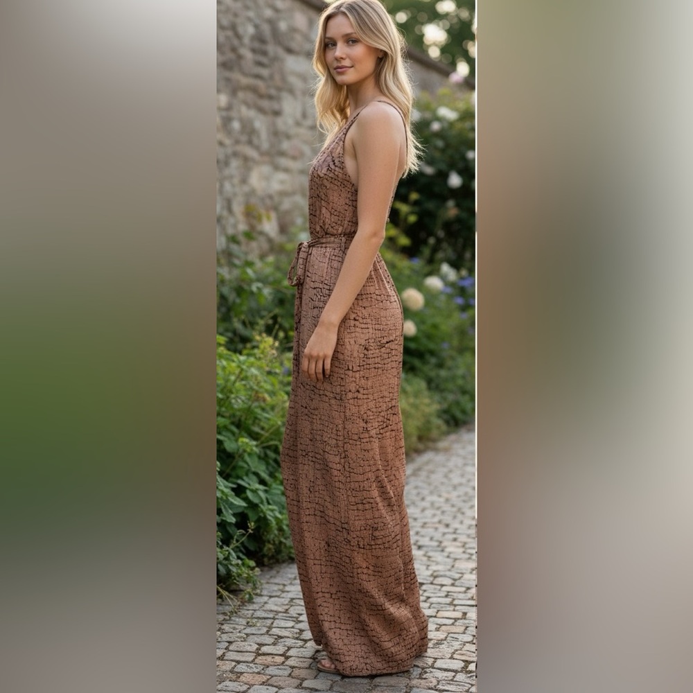 PrettyLittleThing Brown Plunge Wide Leg Jumpsuit | Strappy Back | Size 6 - Picture 9 of 10
